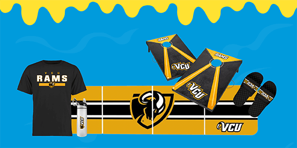 VCU Alumni gifts overlaid on a blue background with a yellow drip pattern at the top